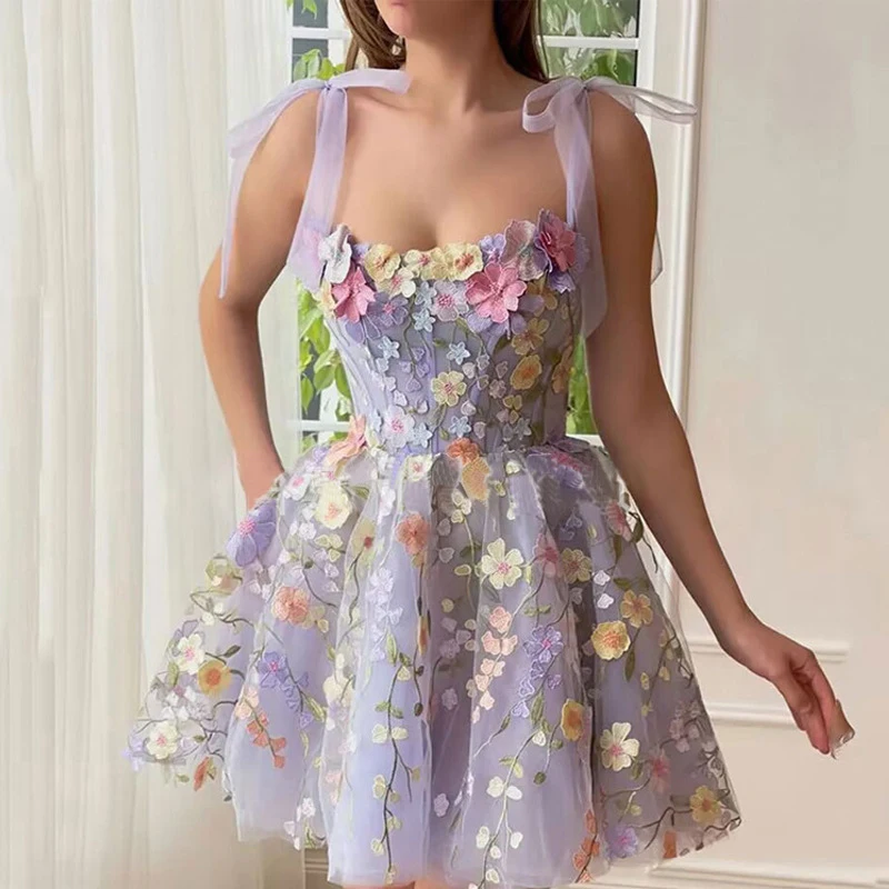 Sweet Chic Bow Suspenders A-Line Dress Elegant Spring Embroidery High Waist Mini Dress New Fashion Women Backless Summer Dress