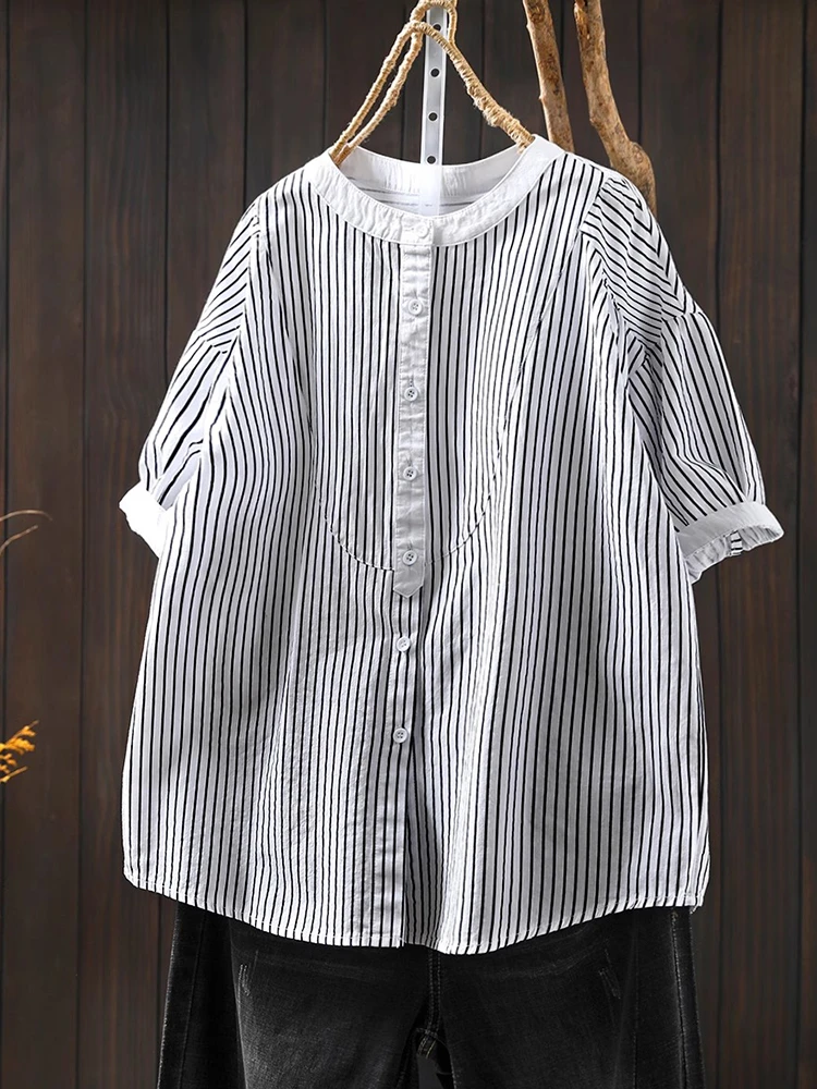 

Women Casual Cotton Shirt New Arrival 2025 Summer Vintage Style Stand Collar Striped Loose Female Short Sleeve Tops Shirts M1439