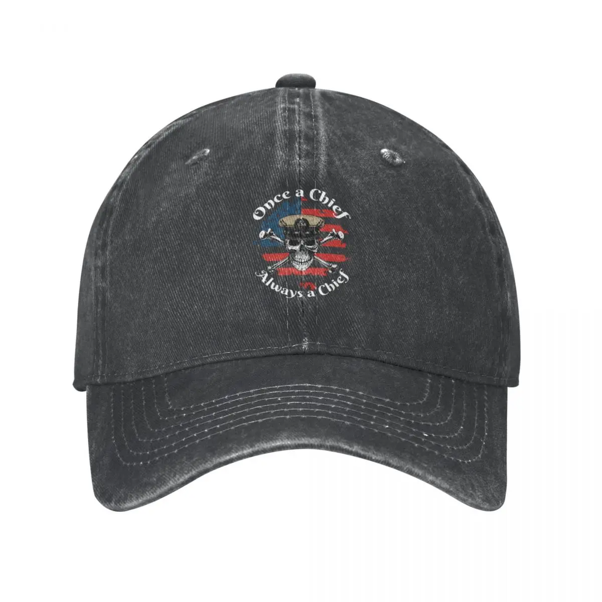 Once a Chief Always a Chief Skull & Crossbones on USA Flag White Text Cowboy Hat Designer Hat New Hat Mens Caps Women's