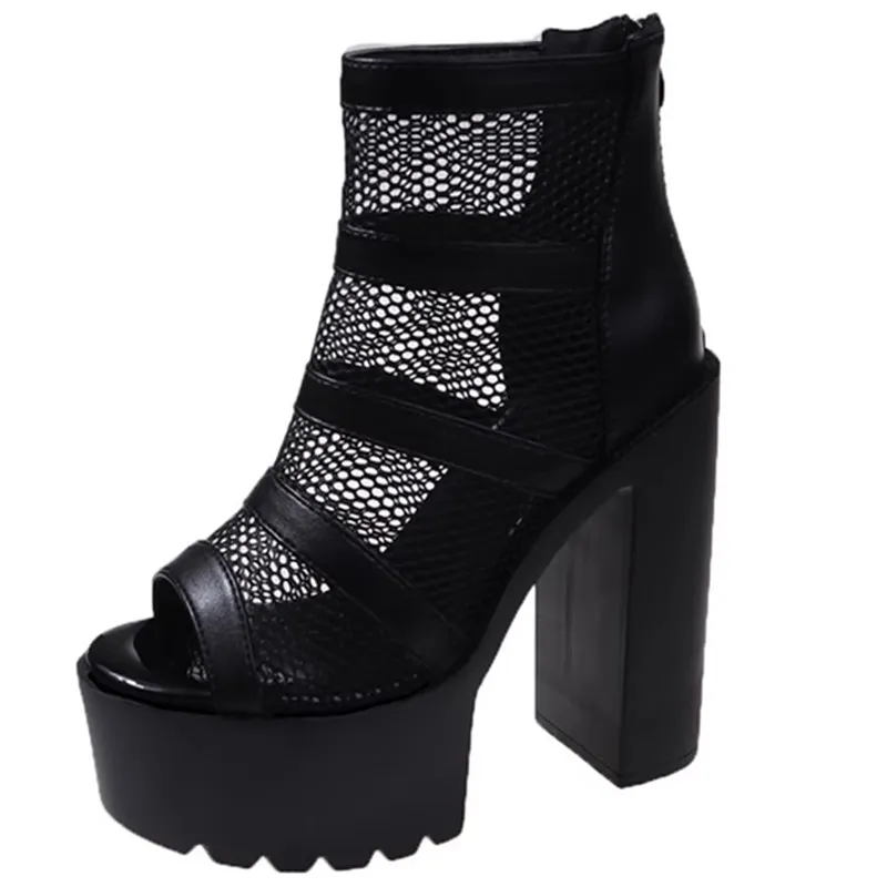

Женские сандалии-гладиаторы на высоком каблуке с открытым носком, пикантные черные туфли на платформе с квадратным каблуком и сеткой, лето 2024, женские роскошные толстые сандалии