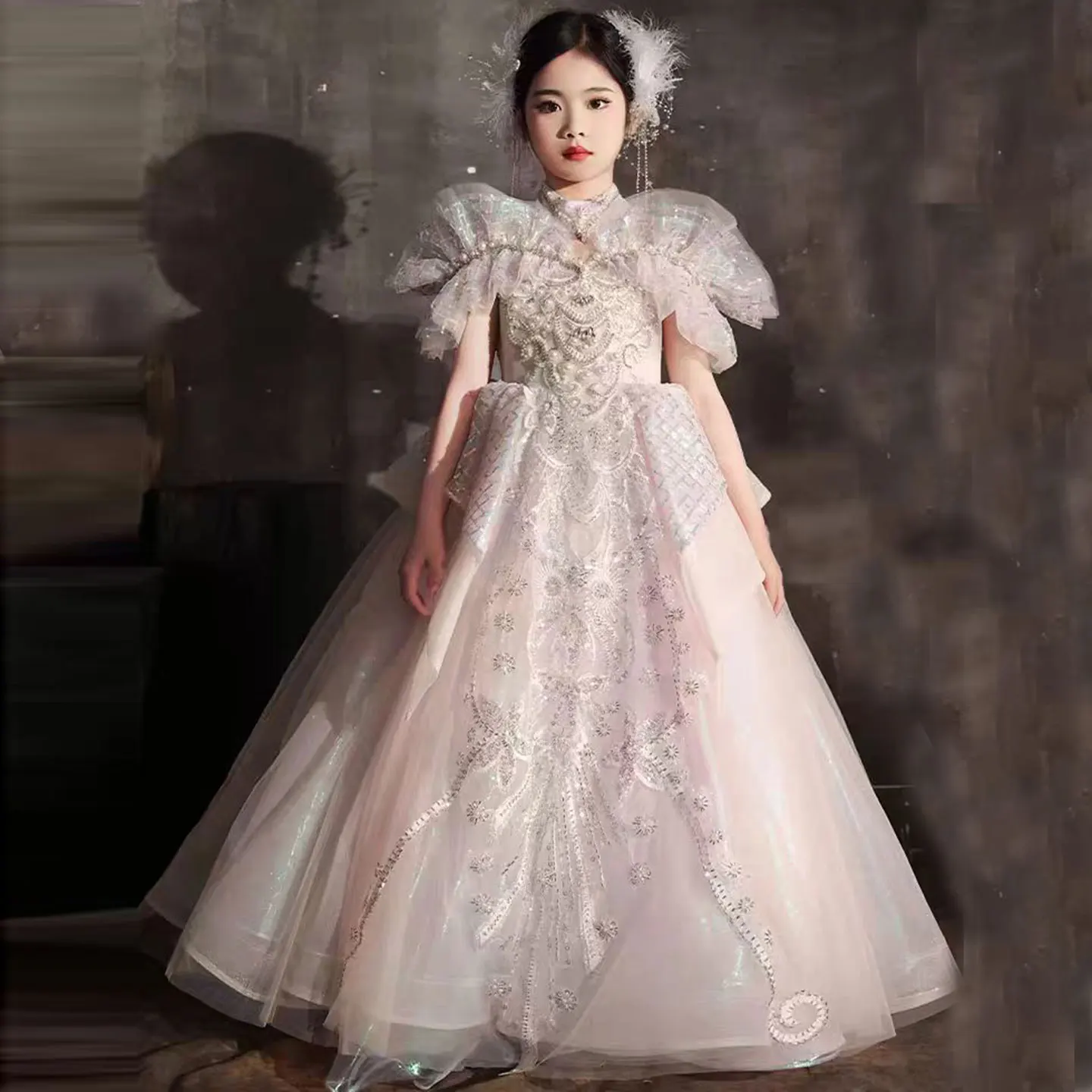 Jill Wish Luxury Pink Beaded Girl Dress Off Shoulder Court Train Arab Kids Princess Wedding Birthday Party Holiday Gown J336