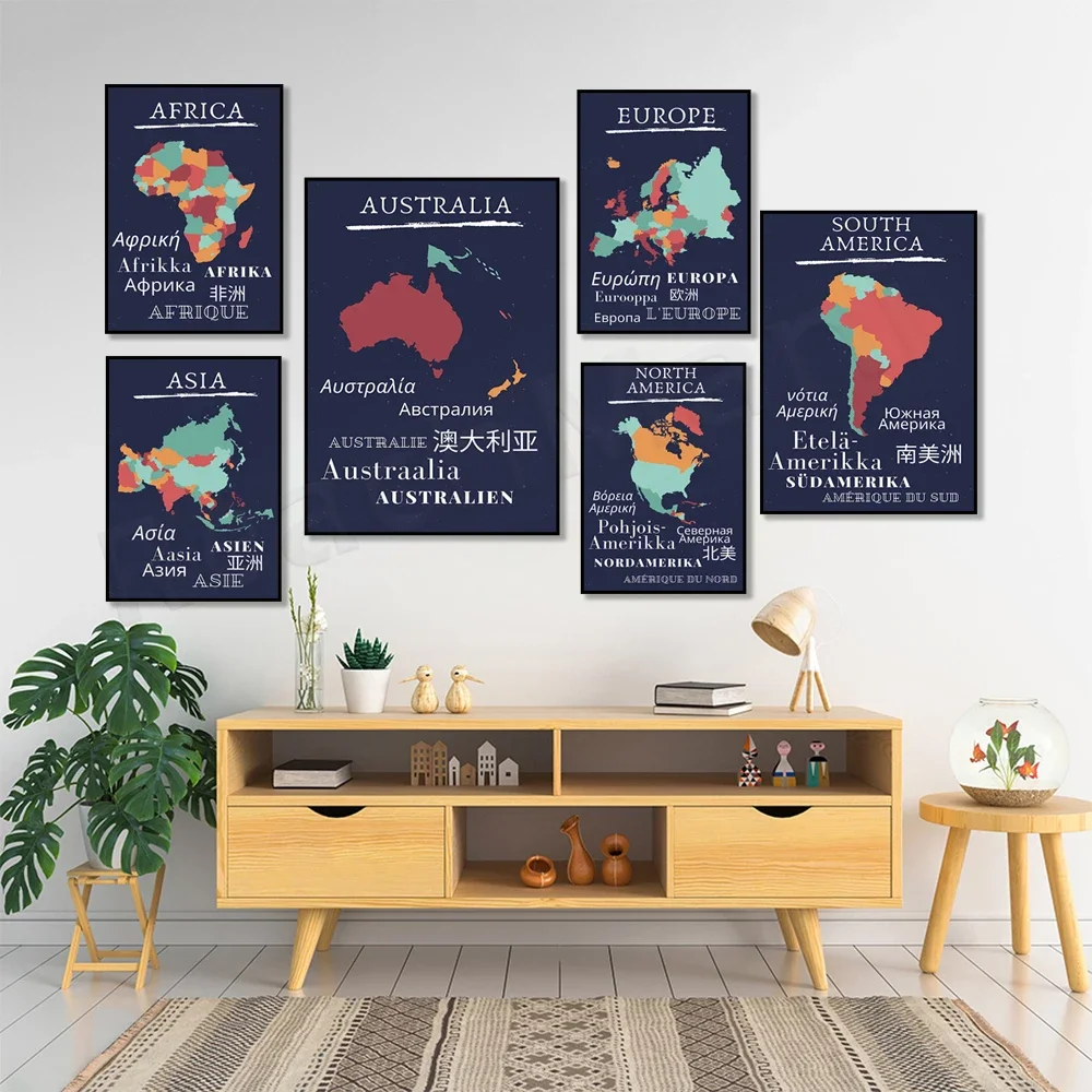 South America, North America, Europe, Australia, Asia, Africa, continents map posters, languages, decorative gifts,