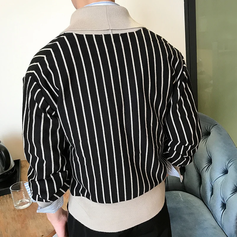 Double Autumn British Stripe Breasted Coat Men Personalized Slim Lapel Sweater Cardigan Trend Los Hombres Abrigos Heren Vesten