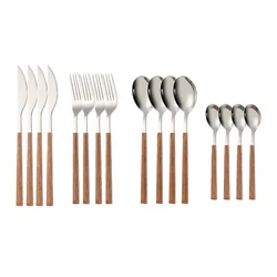 16pcs Stainless Steel Imitation Wooden Handle Cutlery Set Dinnerware Clamp Western Tableware Knife Fork Tea Spoon Silverware