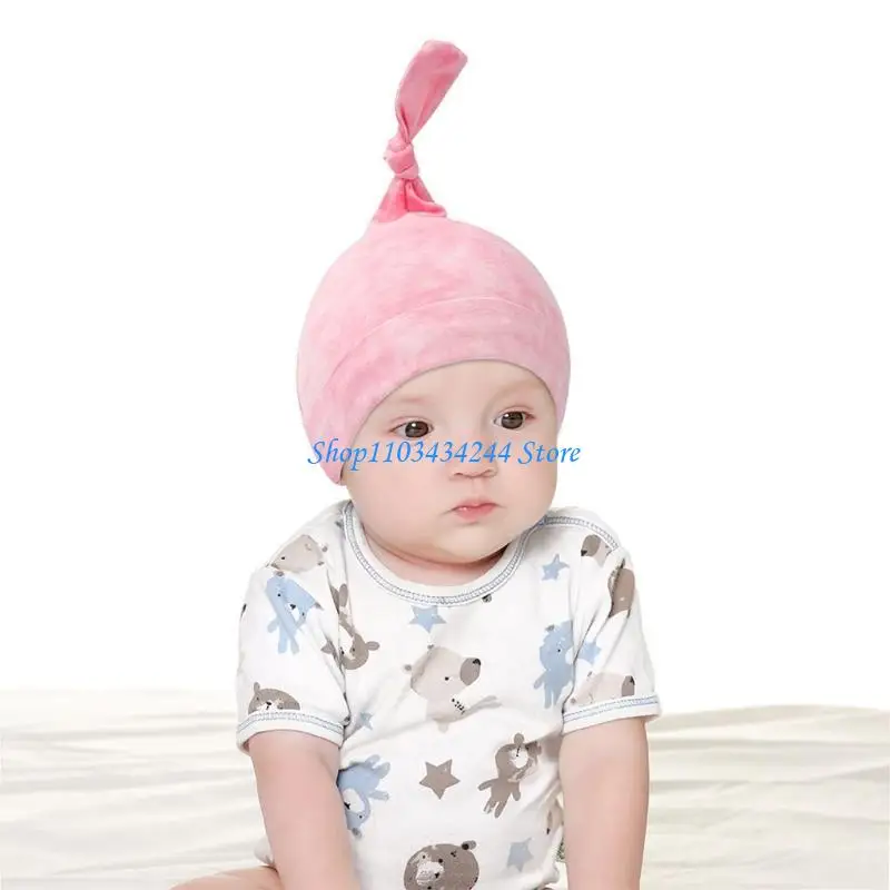 

Newborn Infant Baby Cotton Hospital Beanie Hat Colorful Tie-Dye Printed Elastic Wide Band Top Knotted Stretchy Warm Skullies Cap