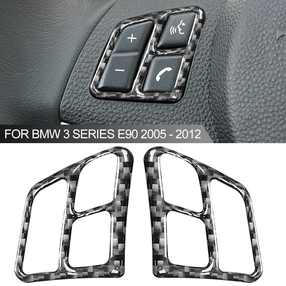 2Pcs Car Steering Wheel Buttons Cover Trim Sticker Carbon Fiber For BMW 3 Series E90 2005 - 2012