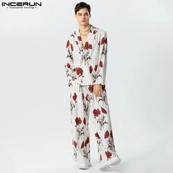 INCERUN Men Sets Flower Printing Lapel Long Sleeve Blazer & Pants 2PCS Streetwear 2023 Loose Fashion Men's Casual Suits S-5XL