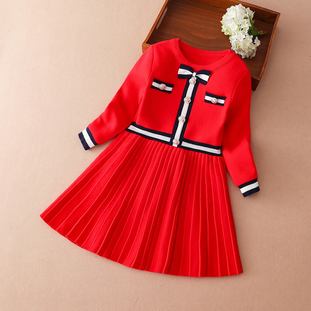 Girls Sweater Dress Long Sleeves 2024 New Knit Clothes Round Neck Princess Dress Preppy Style Kids Bow Knitwear