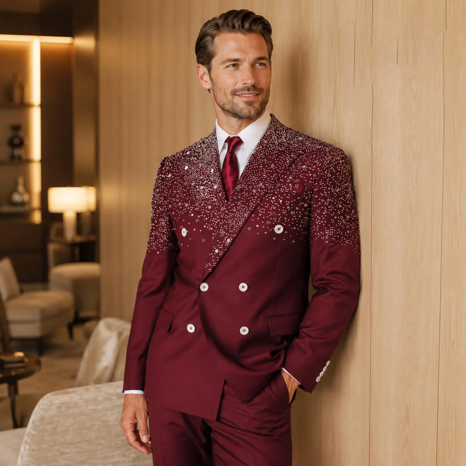Luxury Customized Men's 2 Piece Tuxedo Slim Fit One Button Beaded Crystals High Quality for Business Wedding Groom