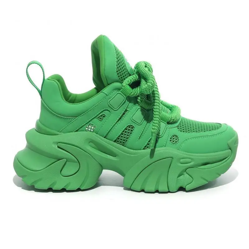 Green Mesh Chunky Platform Sneakers Thick Sole Breathable Casual Shoes Women Lace-up Ladies Fashion Spring Outdoors Walking Shoe