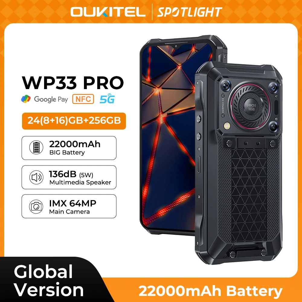 Oukitel WP33 Pro 5G Rugged Smartphone  22000mAh 6.6" FHD+ Cell phone 24GB 256GB Mobile Phone 64MP Camera  33W