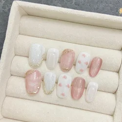 10 Stück rosa handgemachte Presse auf Nägeln Katzenauge Herz Design gefälschte Nägel kurze runde Kopf Frau Mädchen tragbare Maniküre Nagels pitzen