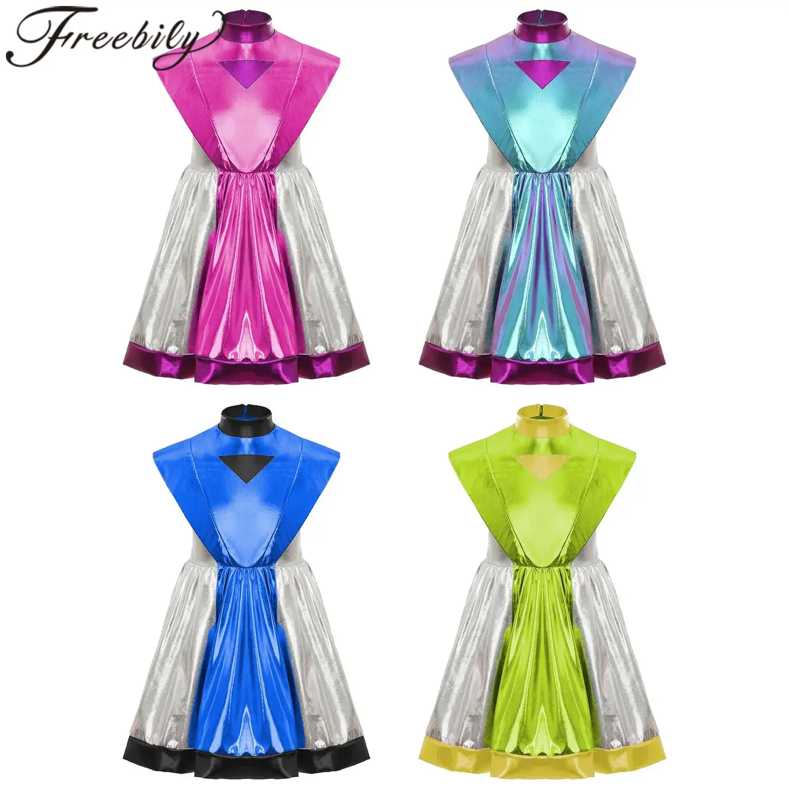 

Kids Girls Shiny Outer Space Masquerade Costume Halloween Alien Cosplay Costume Astronaut Role Play Metallic Dress Costume