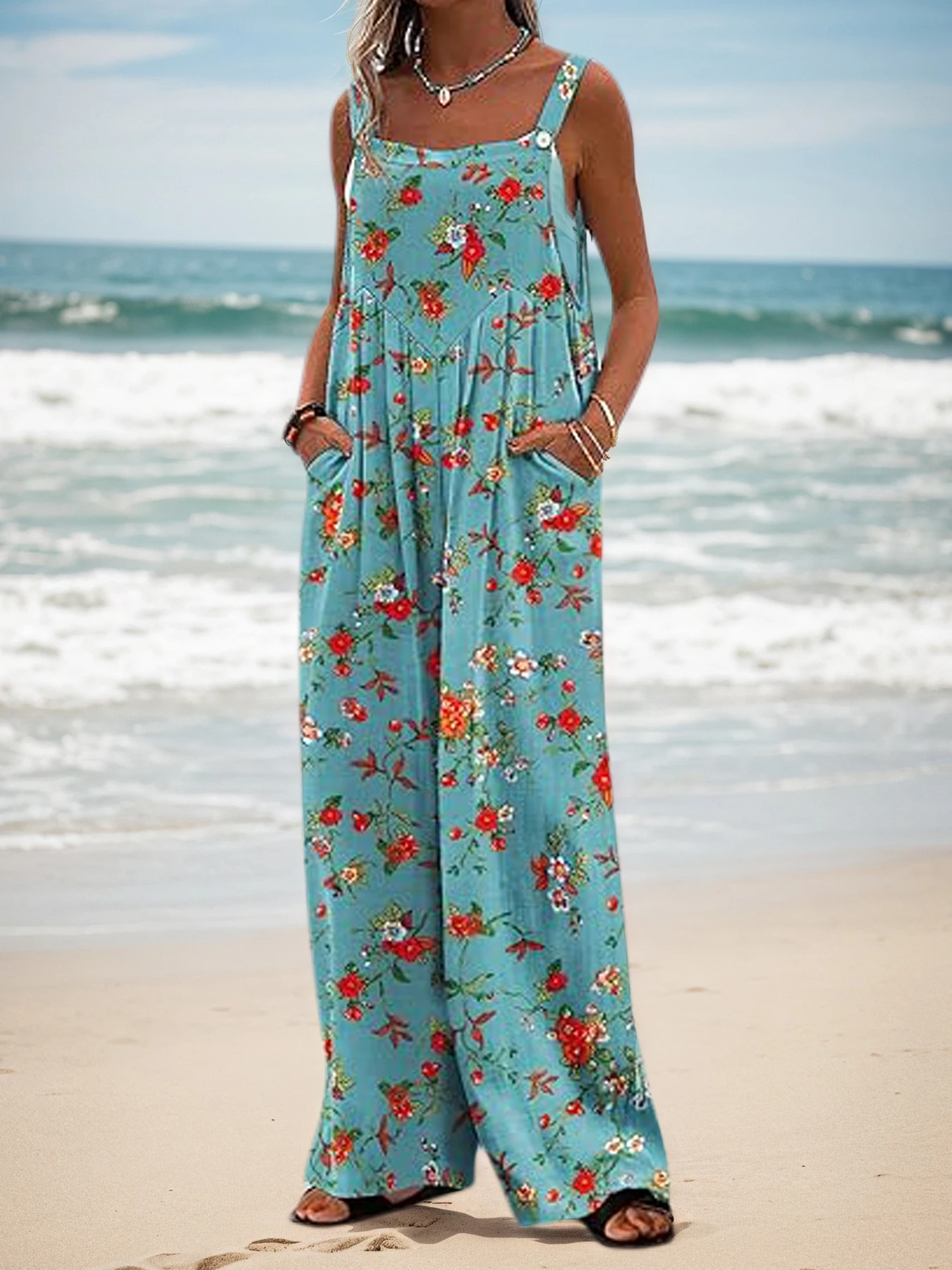 Women's Summer Floral Print Jumpsuit, Suitable for Vacations and Beaches