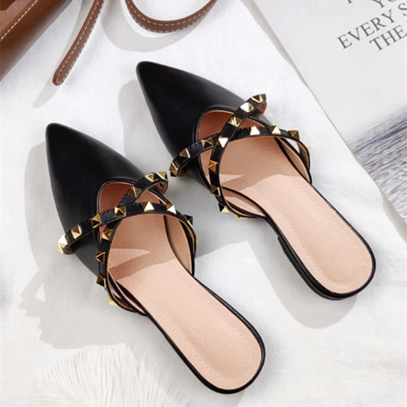 Lady Gold Rivets Slippers No Heels Summer Shoes Pointy Toe Retro Slides Outdoor Wide Fits EU48-33 29cm Footwear Beige Black Cute