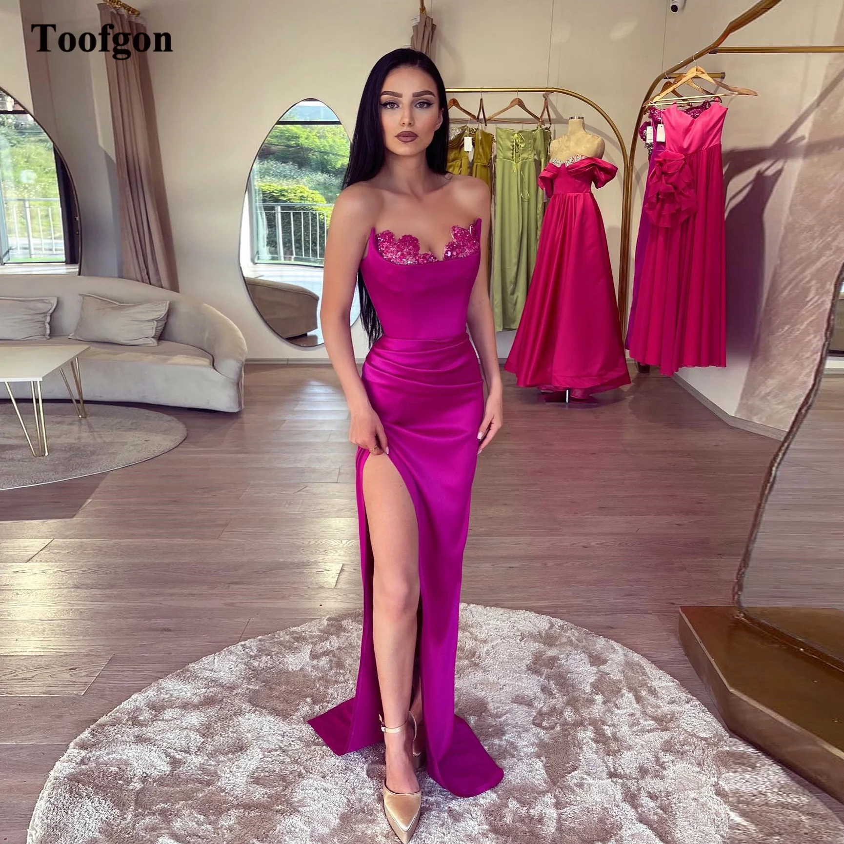 

Toofgon Elegant Mermaid Satin Evening Dresses Sequined Sweetheart Slit Arabic Dubai Women Formal Prom Party Gowns Pageant Dress