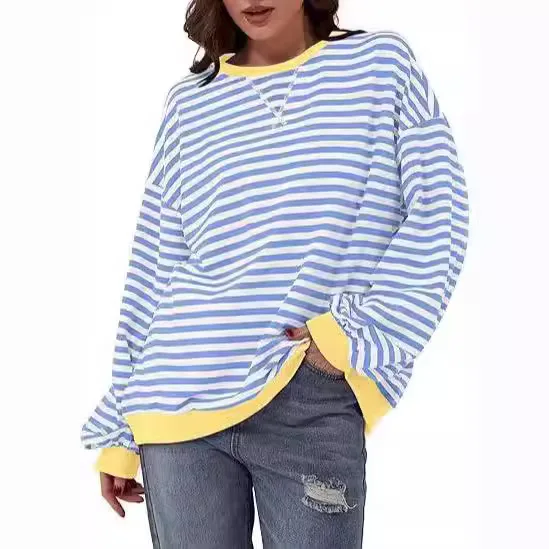 T shirt Women Spring Autumn stripe new pattern pahctwork round neck long sleeve women's tshirt slothing HMCY99231