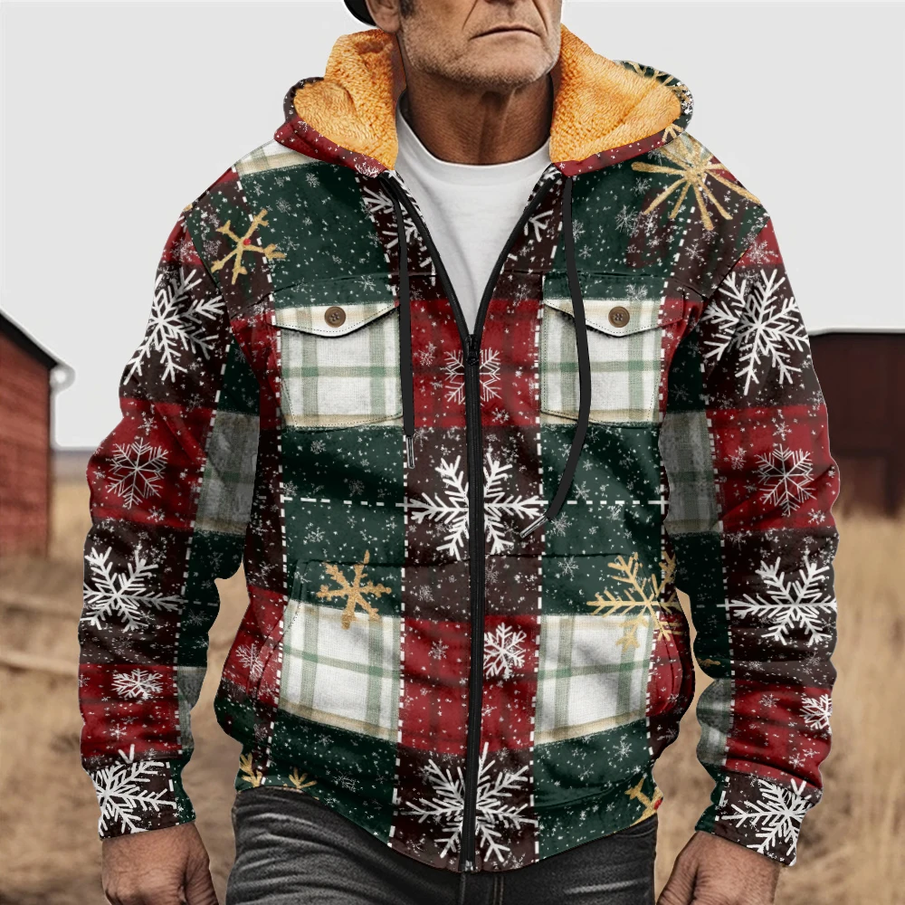 Men's winter jacket with simple red and green snowflake print, fashionable, avant-garde, thick and warm