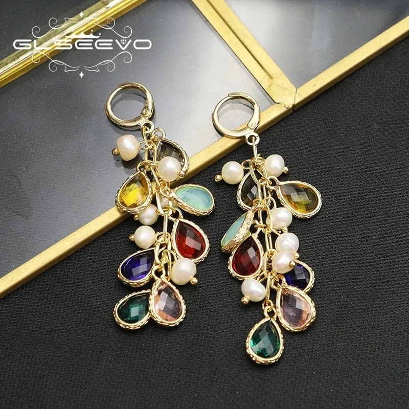 GLSEEVO 925 Silver Colorful Water Drop Pearl Woman Earrings Korea Metal Chain Exquisite Personality Temperament Banquet Jewelry