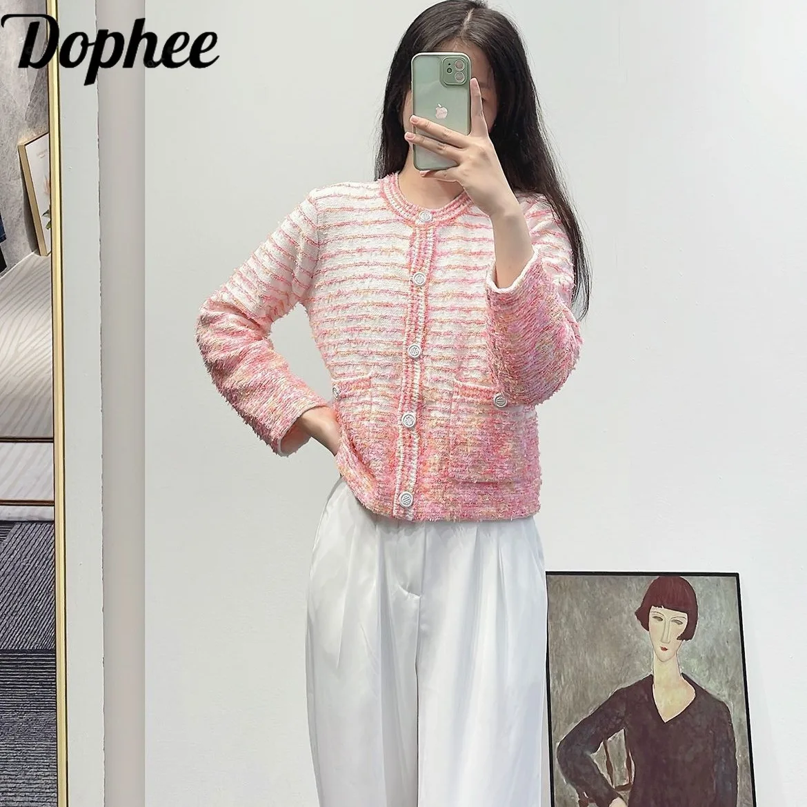 

Dophee 2024 New Autumn Elegant Lady Pink Cardigans Coat Single-breasted O-neck Jacquard Stripes Long Sleeve Women Sweater Top