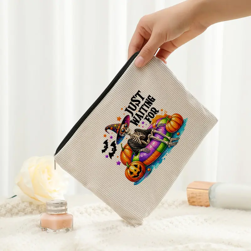 Just Waiting for Halloween Skeleton on Pool Float Corduroy Makeup Bag Zipper Cosmetic Pouch Travel Toiletry Storage Purse