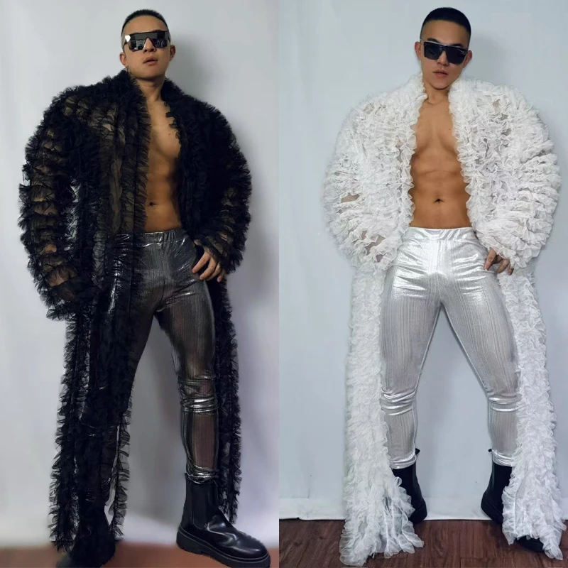 

Halloween Gogo Costume Sexy Pole Dance Lace Long Coat Laser Pants For Men Rave Outfits Bar Nightclub DJ Rave Clothes XS9938