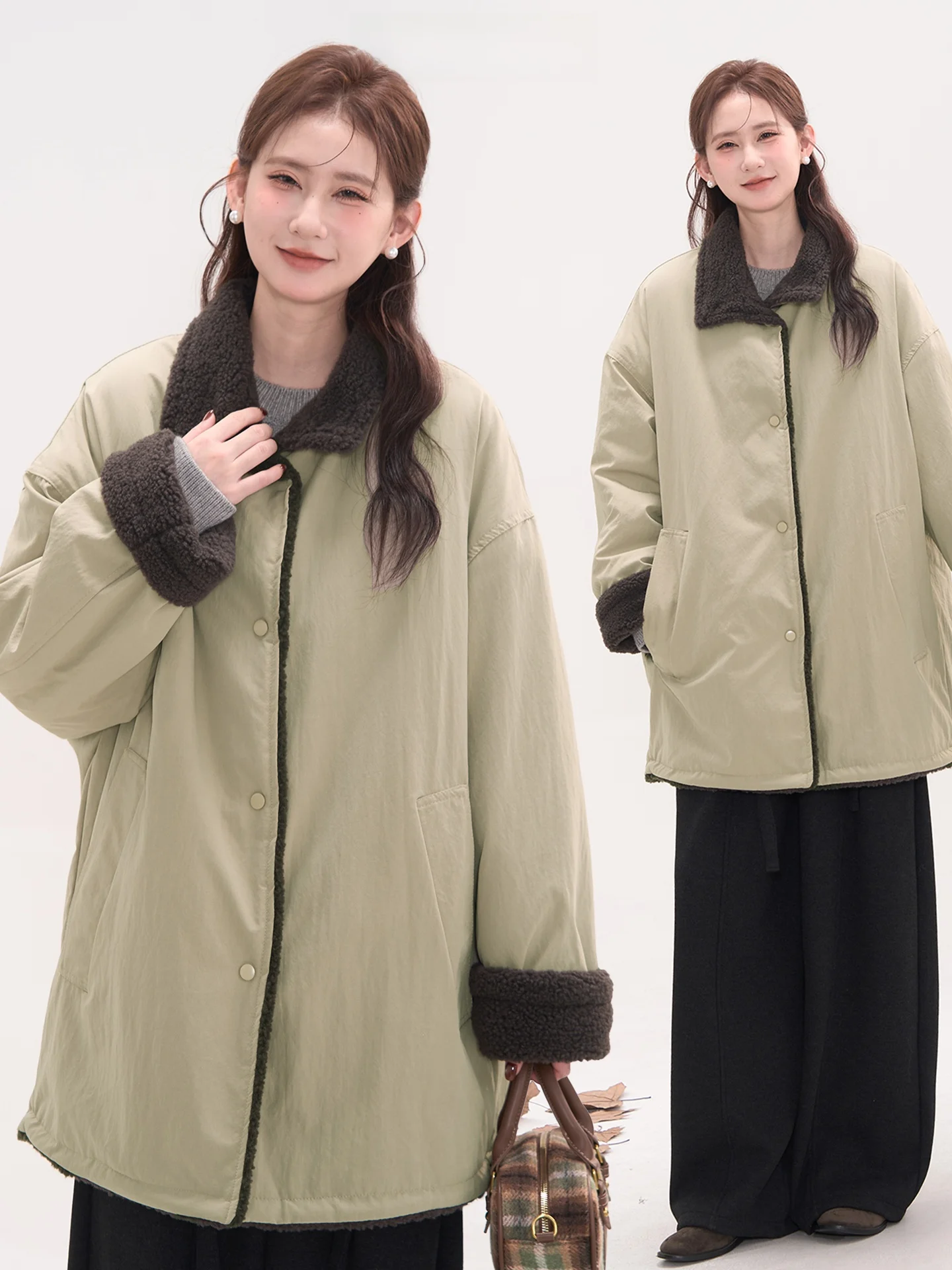 

Heme f-Sugar Cloud Thiened Long eepskin Jaet Women's Cotton Coat Middle-Length Outerwear Simple Sle Pure Color
