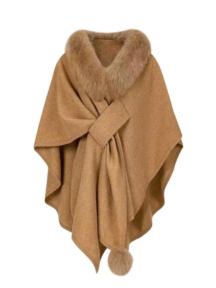 

New Women's Fashionable Slimming Open Cardigan Coat with Fur Collar Loose Knitwear Shoulder Pads Belted Fur Collar