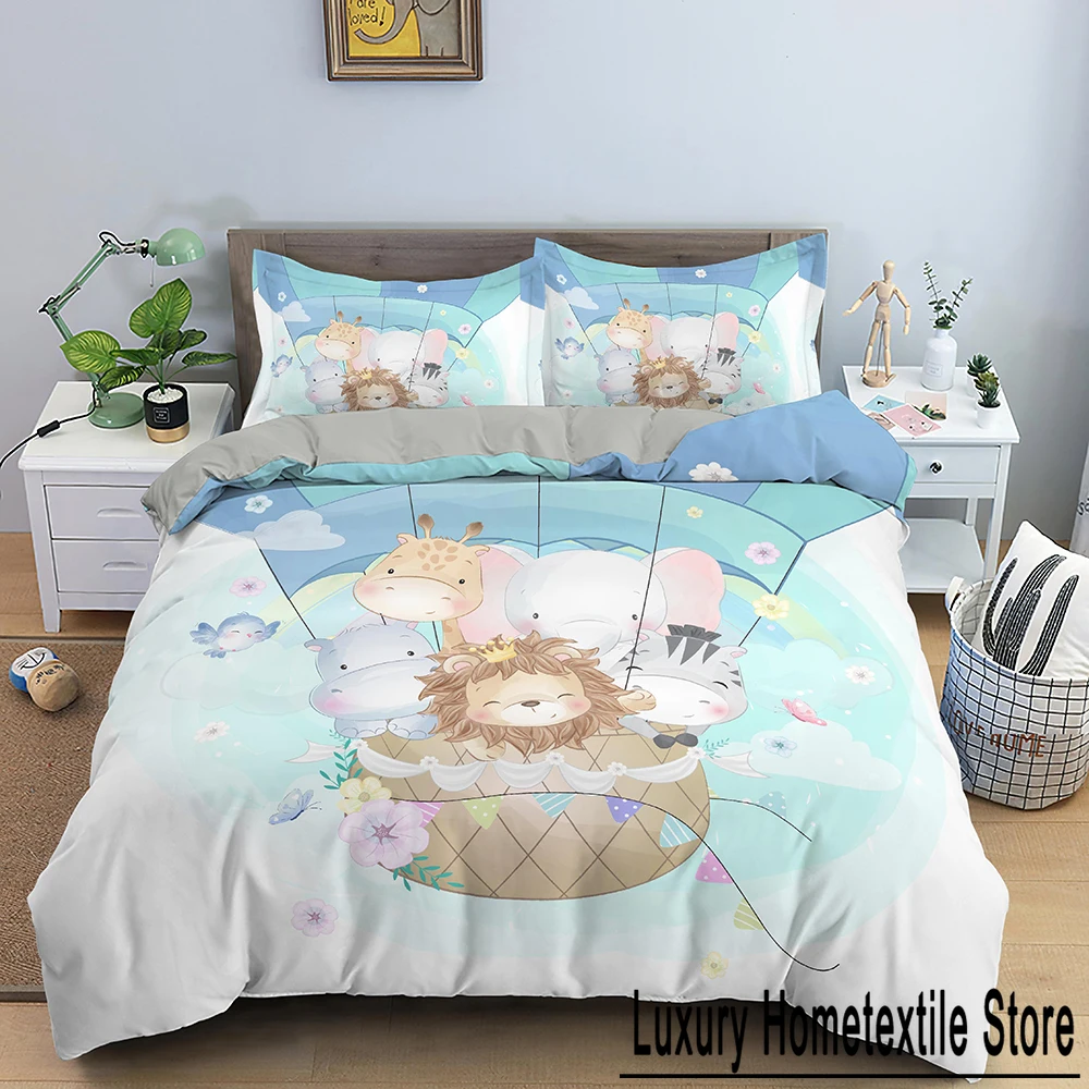 Cartoon Animal Duvet Cover Set Boys Lion Hippo Giraffe Pattern Bedding Set Polyester Single Twin Queen King Size Comforter Cover