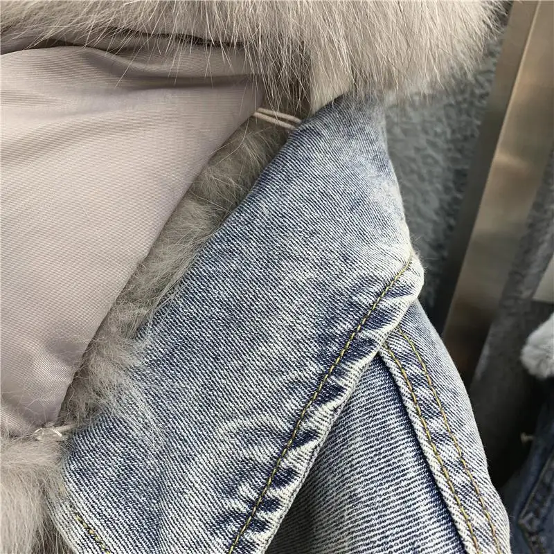 Short Thicken Denim Jacket for Women 2025 Autumn Winter Detachable Imitation Fox Fur Zipper Denim Coat Female Warm Tops Wh125