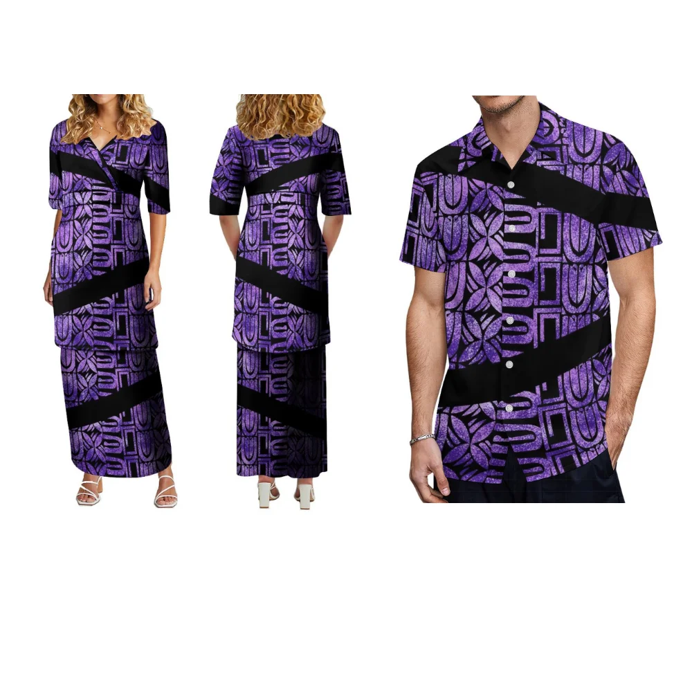 Summer Short Sleeve Men'S And Women'S Clothing Custom Pacific Island Ladies Puletasi Long Dress Set Polynesian Tribal Style