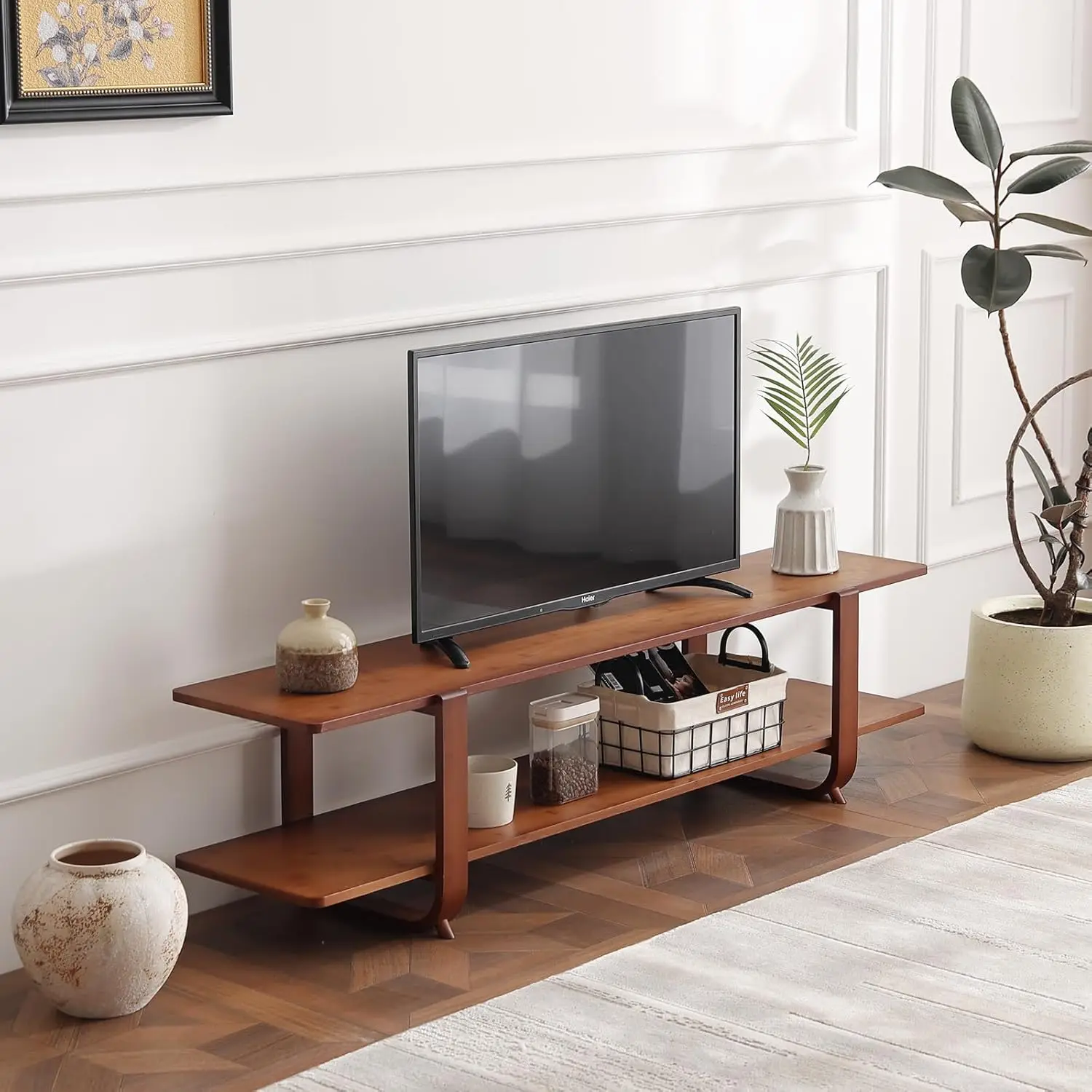 

TV Stand for Up to 65 Inch, Mid Century Modern Entertainment Center with 2-Tier Open Shelves, Storage Media Console Table