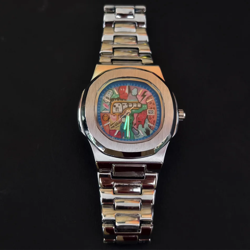 スクエアレトロメンズ腕時計ライト高級ブランド本物のグラフィティダイヤル合金ストラップ防水クォーツ時計メンズ発光腕時計