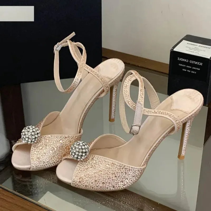 Eilyken Street Style Bling Crystal Diamond Peep Toe Buckle Strap Woman Sandals Sexy Thin High Heels Banquet Striptease Shoes