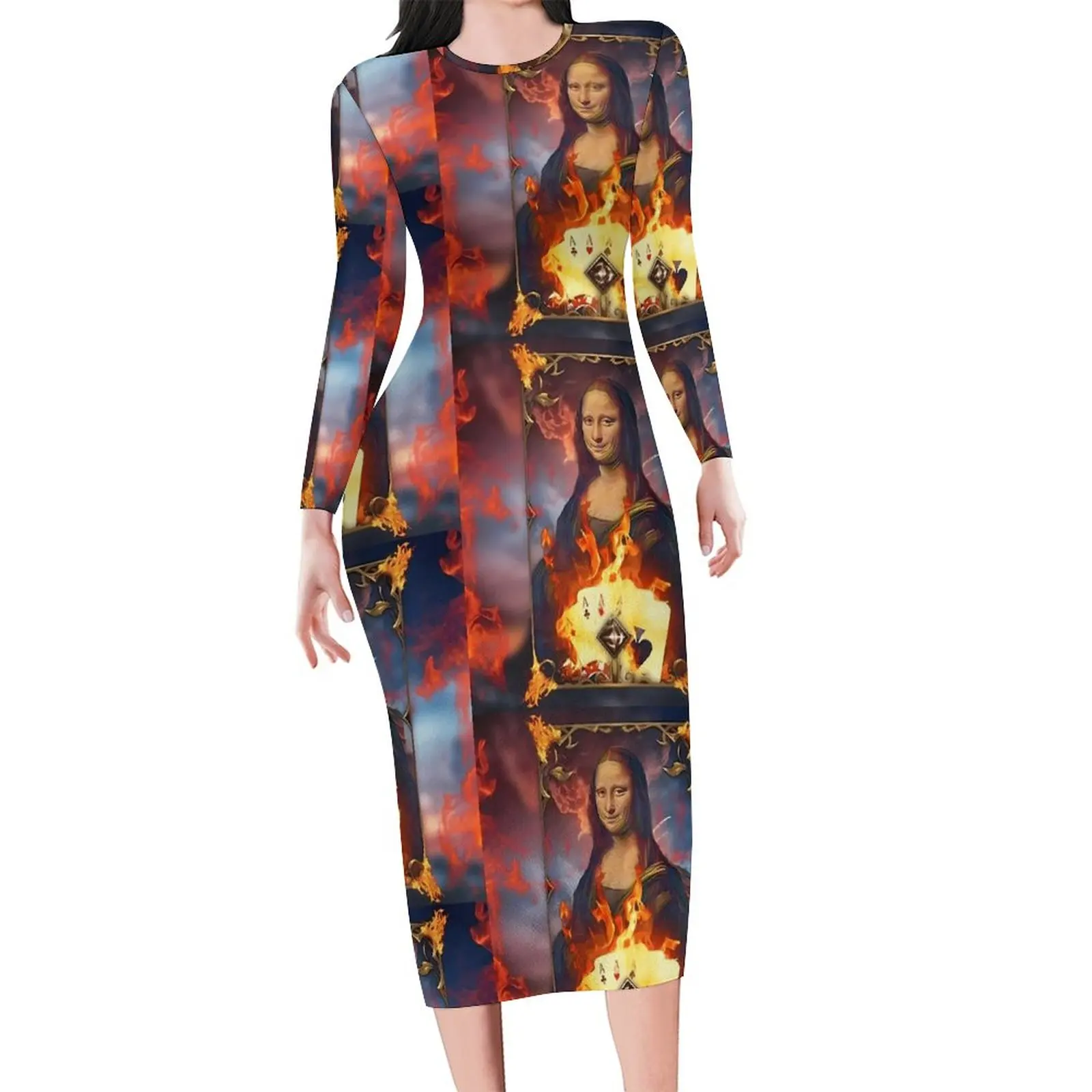 Queen Mona Lisa Dress Long Sleeve Famous Painting Sexy Dresses Spring Womens Street Style Design Bodycon Dress Big Size 4XL 5XL