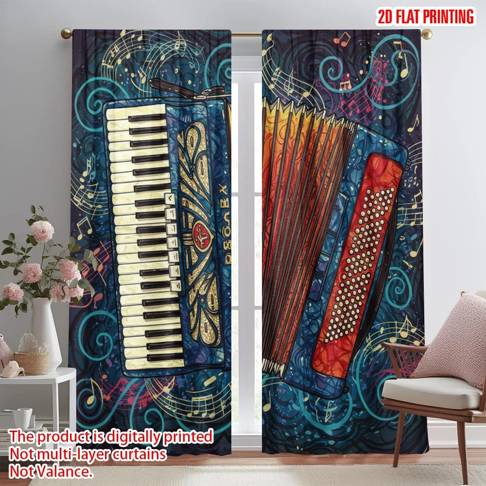 

2D flat printing 2pcs Drapes Accordion Musical Whirlwind Digital Printed Polyester Drapes Birthday Party Perfect for New Year