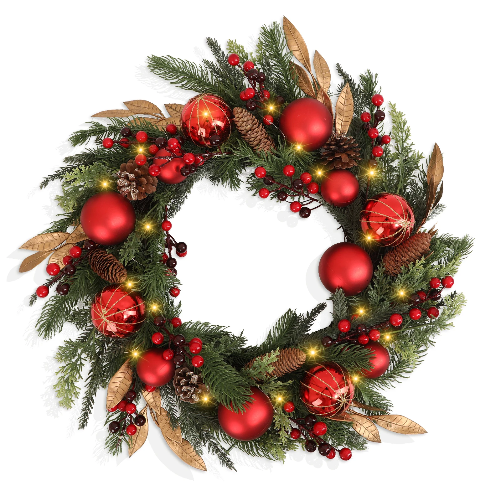 

24 Inch Pre-lit Christmas Wreath with 50 LED Lights Battery Operated Shatterproof Mixed Berry & Ball Decor Outdoor & Indoor H