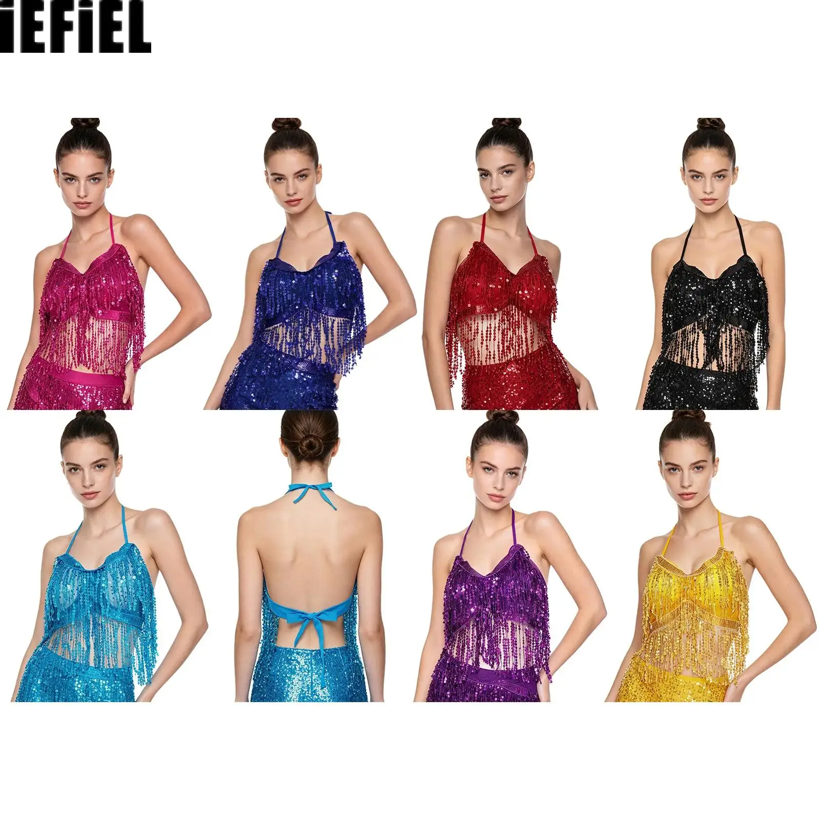 Women Sequined Tassel Backless Belly Top Dance Fringed Crop Top Halter V Neck Bra with Pad Dance Top for Performance