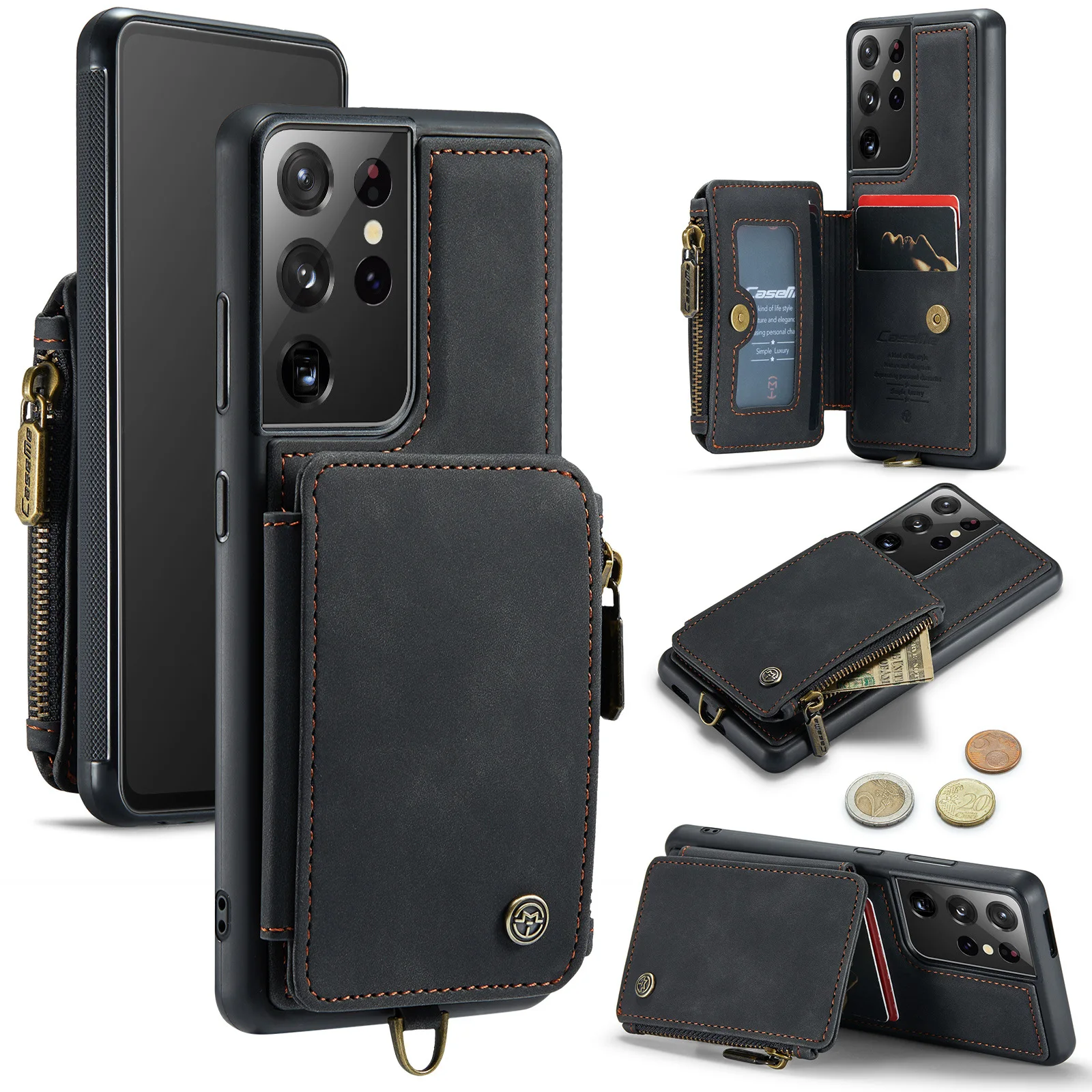 Case for Samsung Galaxy S23/S23 Plus/S23 Ultra, Zipper Phone Case with RFID Blocking Card Holder Wrist Strap Purse Cover