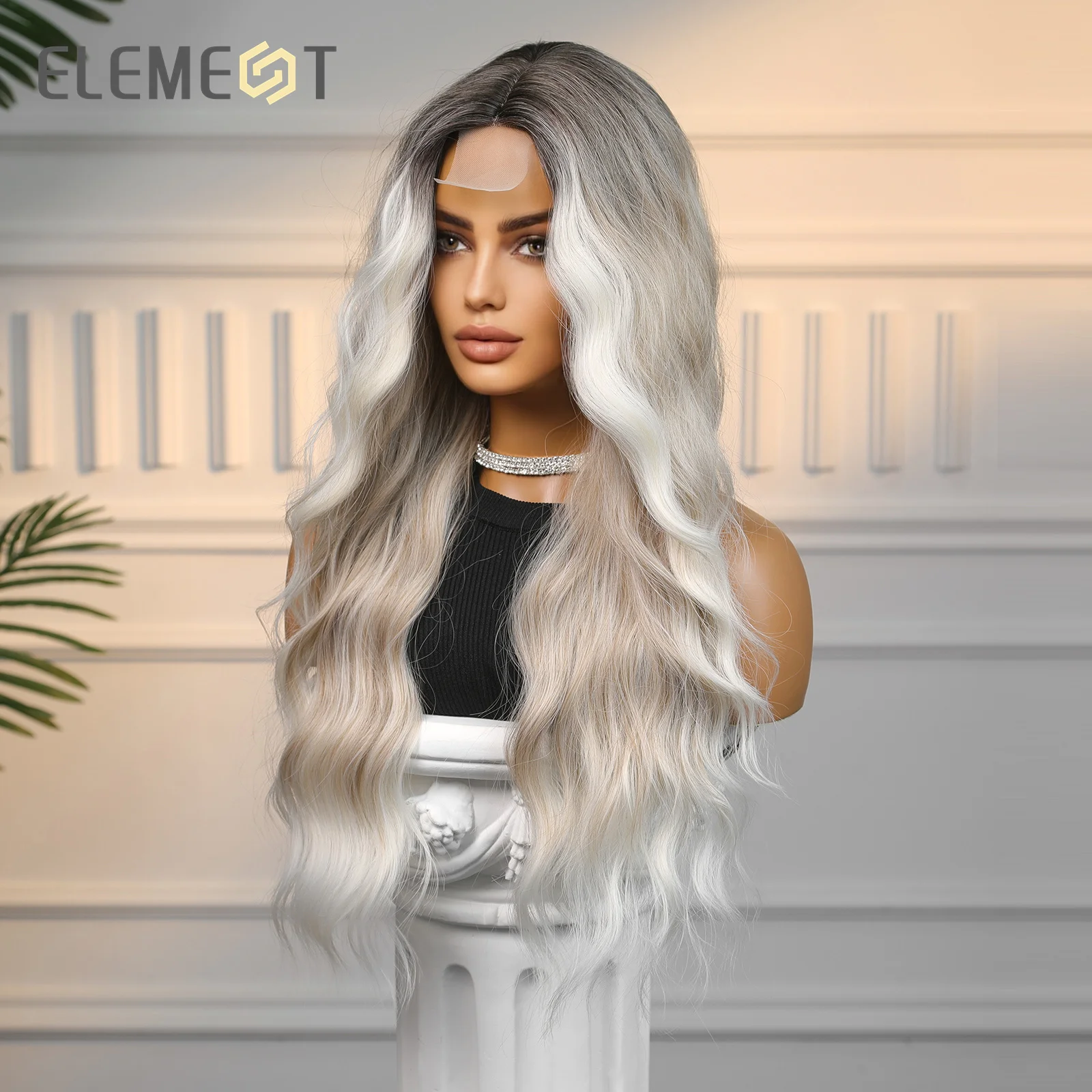 ELEMENT 4*1 Part Front Lace Synthetic Wig Long Curly Wavy Ombre Dark Root to Blonde with Highlight Hair Wigs for Ladies