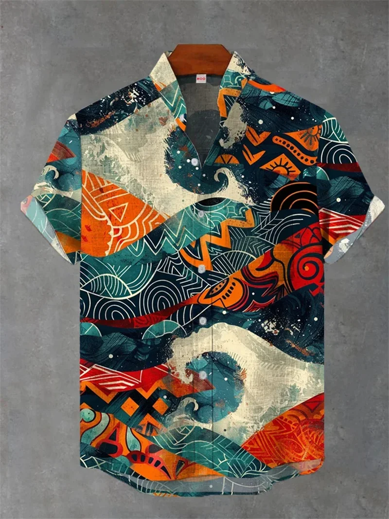 

New Men's Abstract Landscape Animal 3D Printed Shirt Vacation Linen Hawaiian Beach Lapel Short Sleeve Breathable Fashion Top