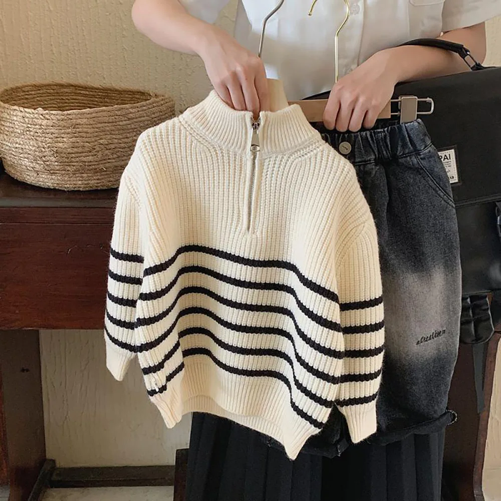 New Korean Children\'s Knit Sweater For Spring Autumn 2024 Baby Boys Girls Striped Long Sleeve Pullover Half Zipper Kids Clothes