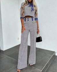 Women's Casual Two-Piece Set 2024 Elegant Summer Retro Plaid Pattern Tie Up Half Sleeved Top Ribbed Straight Leg Pants Set