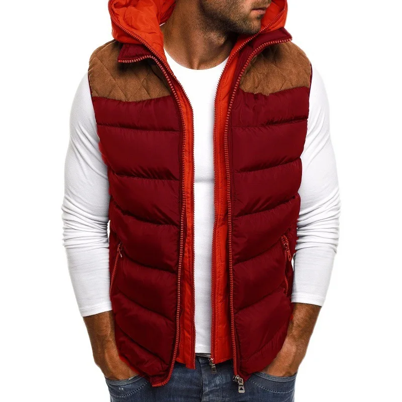 New Men's Cotton Jacket with European and American Style Casual Color Blocking Fake Two-piece Hooded Sleeveless Vest