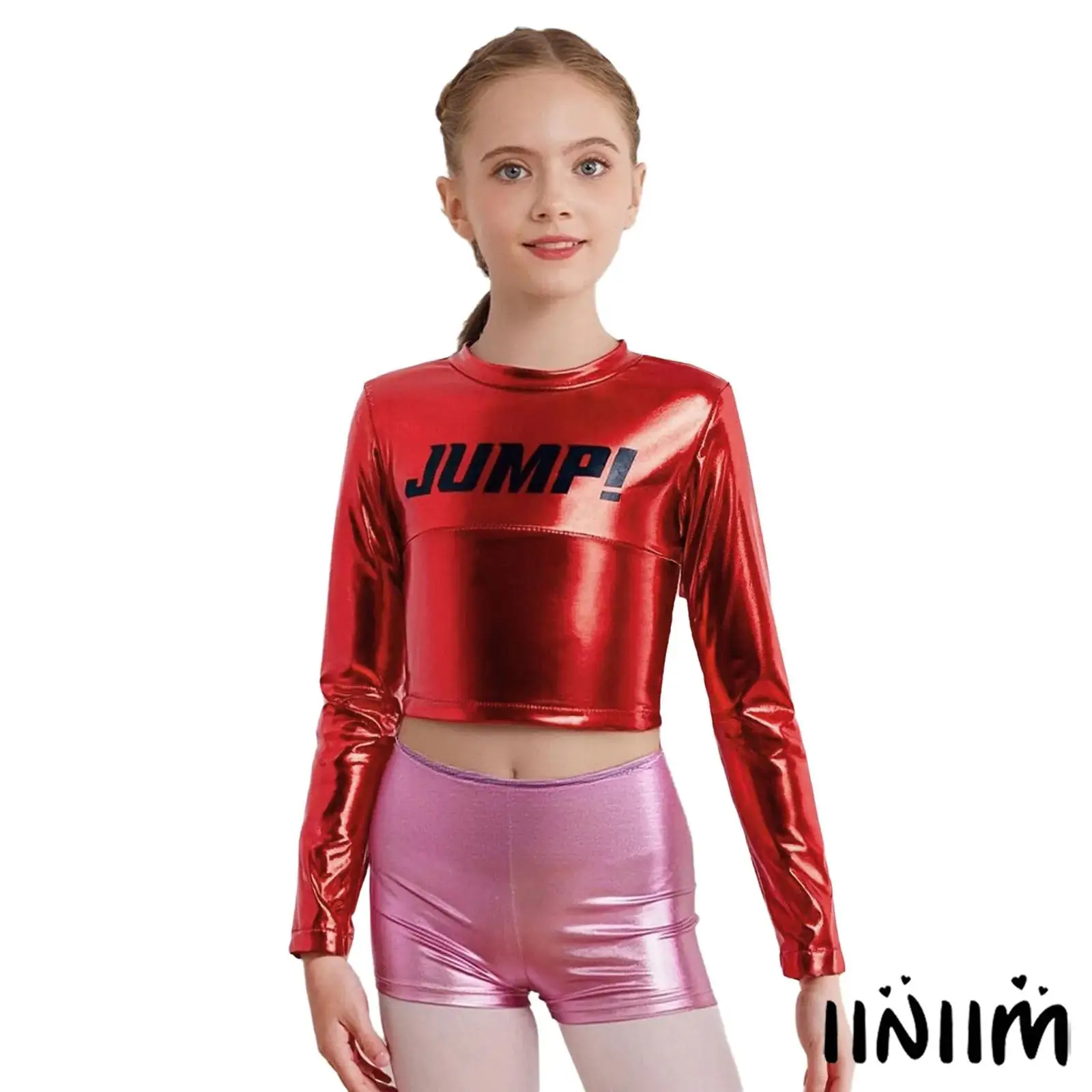 

Kids Girl Round Neck Long Sleeve Letter Print Metallic Crop Top Fashion Blouse for Street Dance Hiphop Jazz Stage Show Dancewear