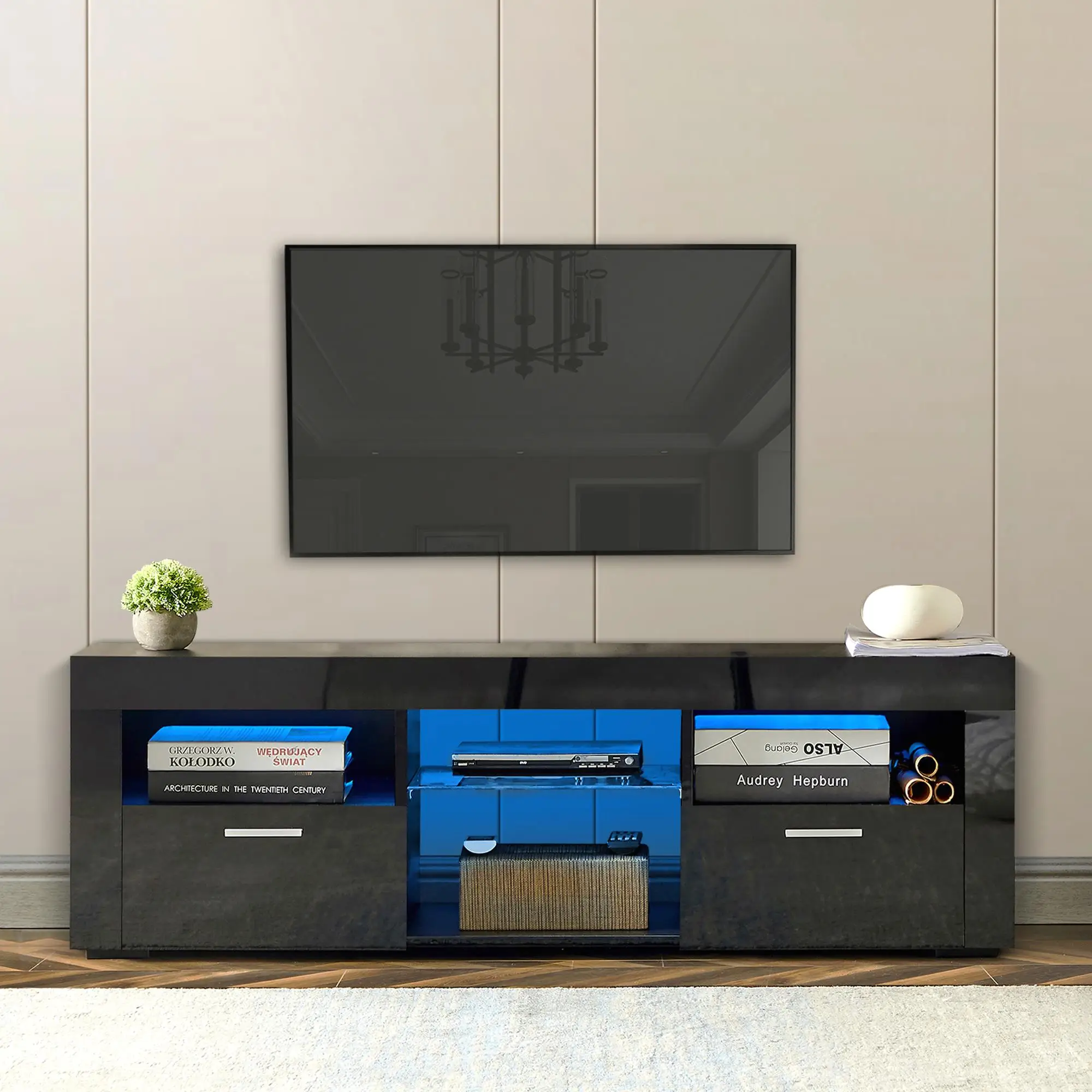 Modern Black TV Stand with Lights - High Glossy Front Cabinet for Living Room, Lounge, or Bedroom