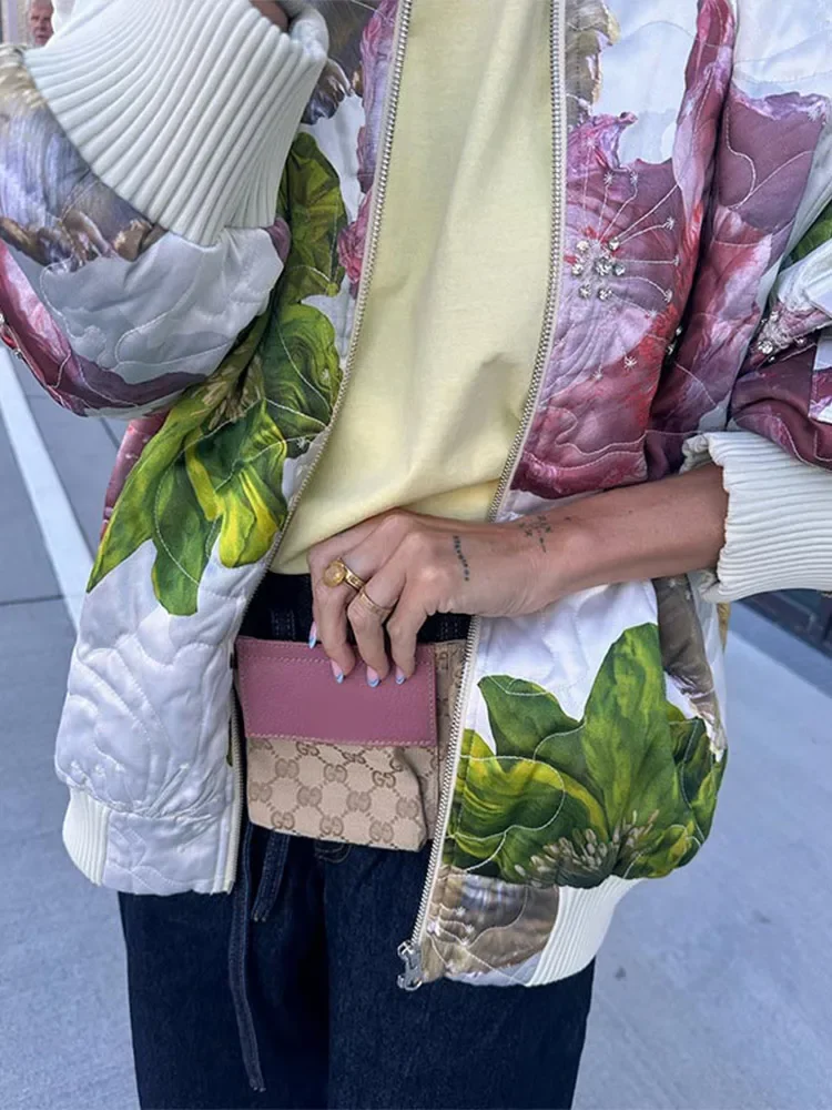 Chaqueta de algodón con estampado de flores para mujer, abrigos de manga larga con cremallera y cuello levantado, prendas de vestir cálidas elegantes para otoño e invierno, 2024