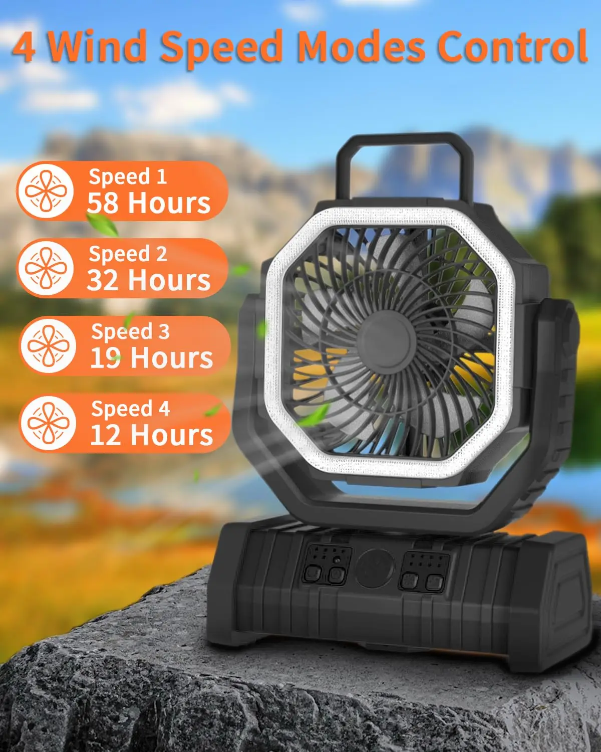 20000mAh USB Rechargeable Camping Fan Portable Air Circulators Wireless Fans 270 ° Head Rotation Tent Fan with Hook