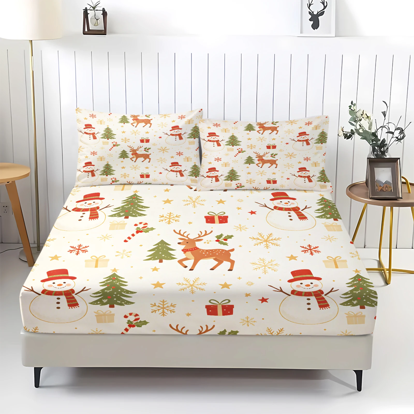 Christmas Fitted Sheet Set Snowman Reindeer Xmas Tree Print Bed Sheet Elastic Bed Cover With Pillowcases Soft Mattress Protector
