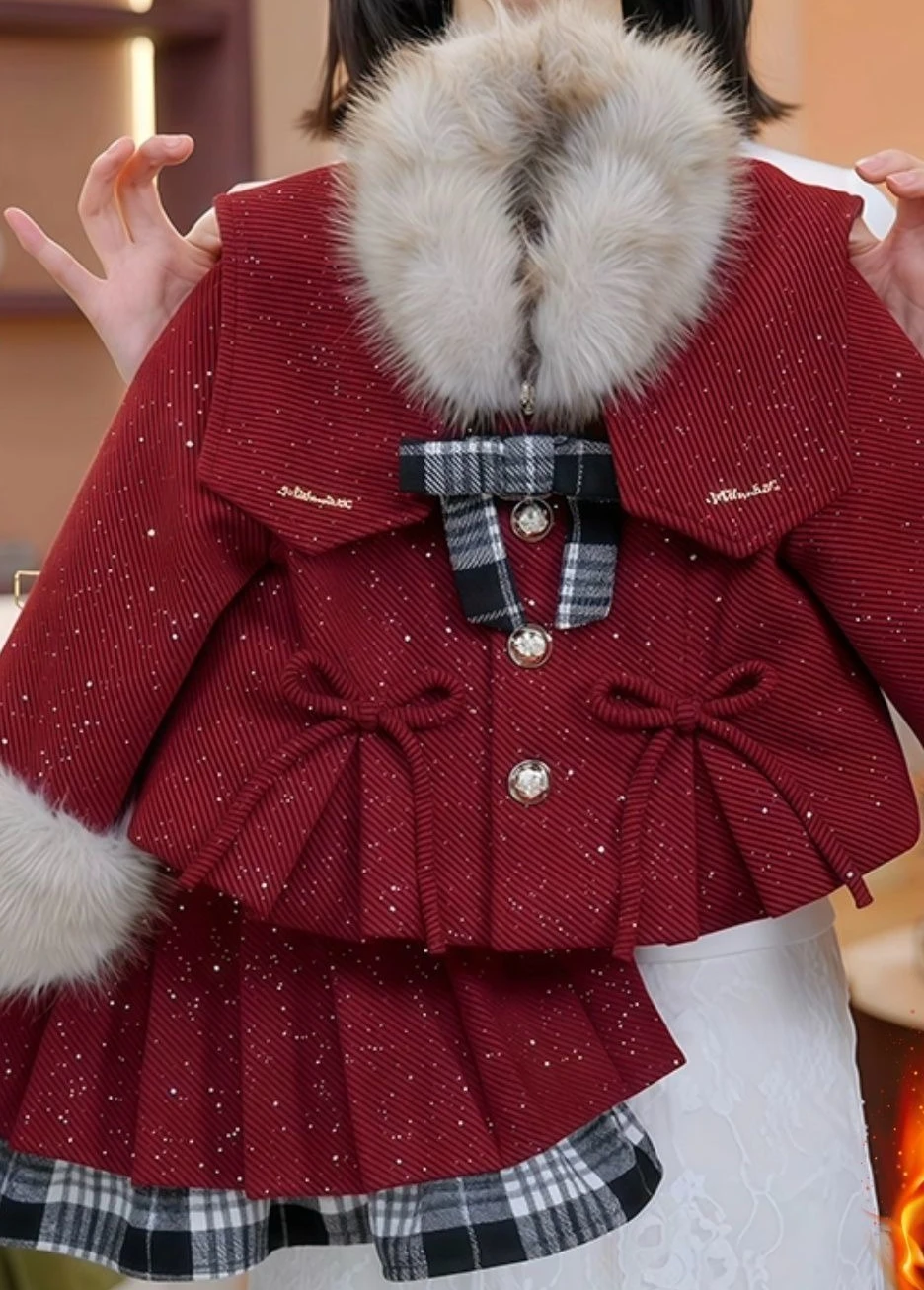

Новинка 2023 года, красный клетчатый лоскутный жилет и юбка, комплект из двух предметов для девочек, шерстяная плиссированная юбка на Новый год
